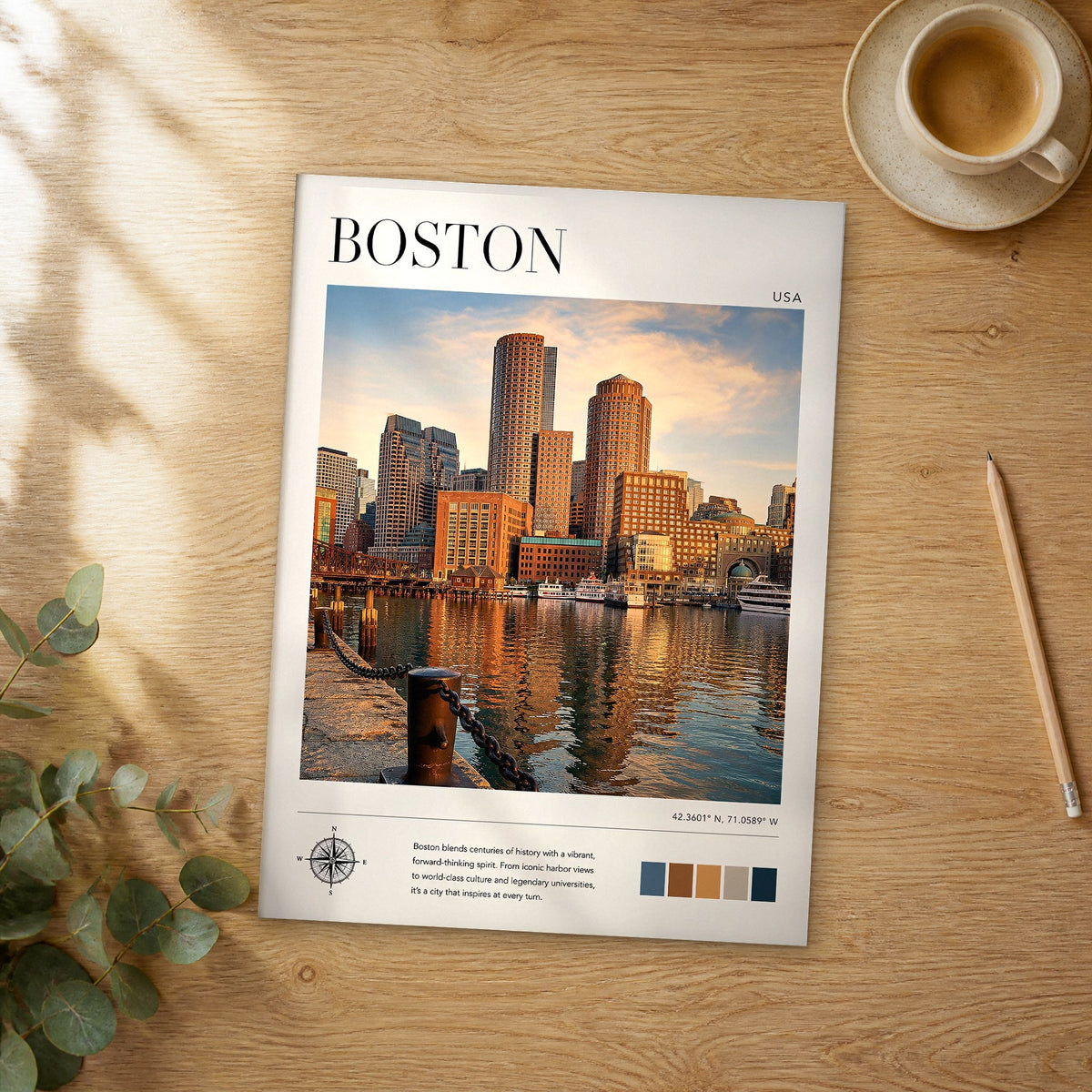 Unframed Boston modern photography travel poster on a wooden table