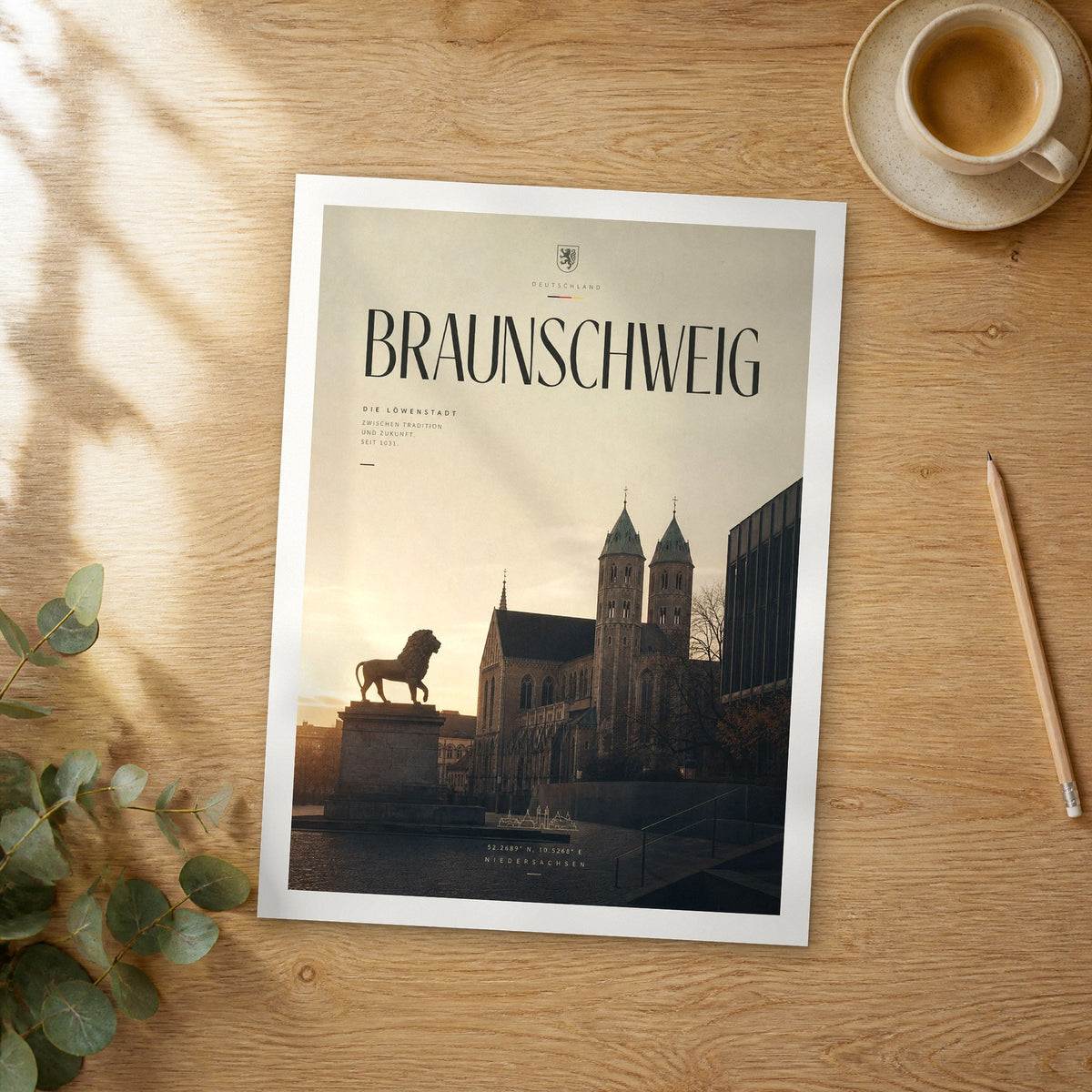 Unframed Braunschweig bold typography travel poster on a wooden table