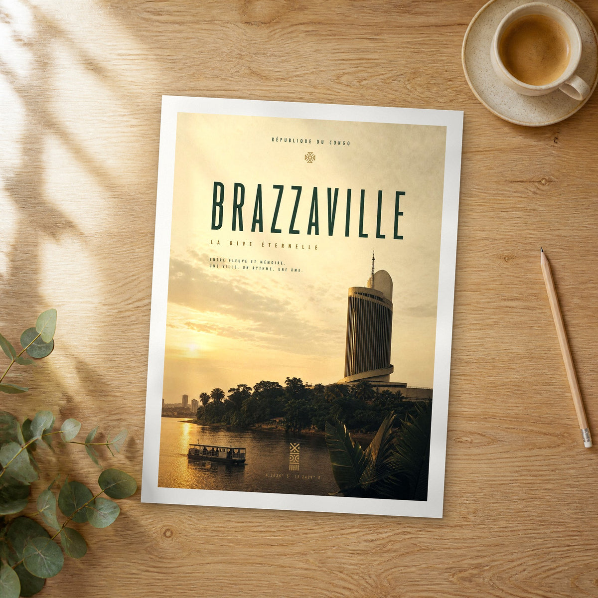 Unframed Brazzaville bold typography travel poster on a wooden table
