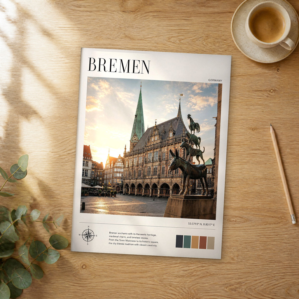 Unframed Bremen modern photography travel poster on a wooden table