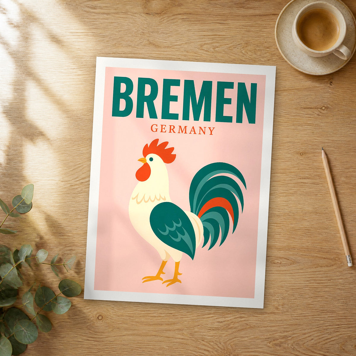 Unframed Bremen pop art travel poster on a wooden table