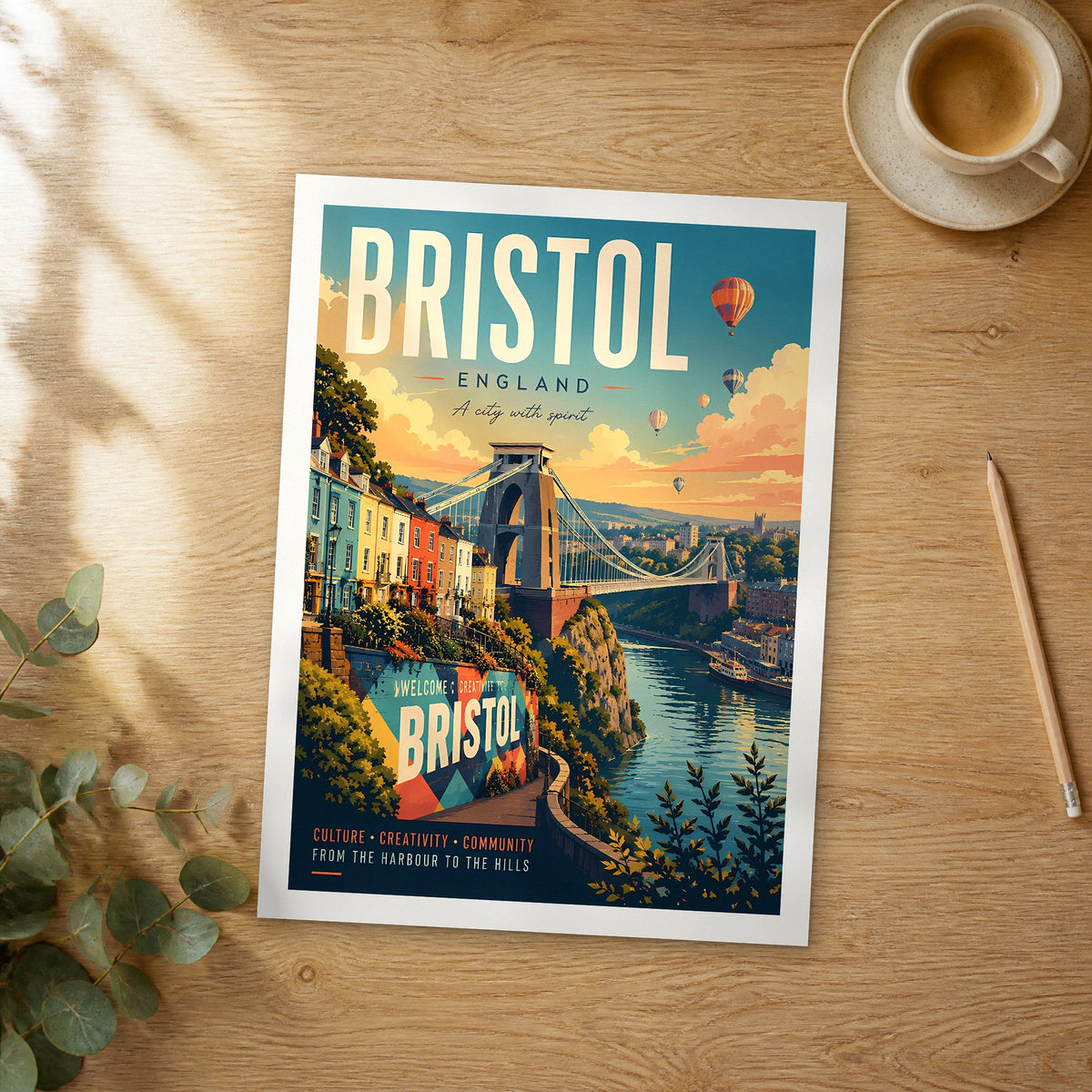Unframed Bristol retro travel poster on a wooden table