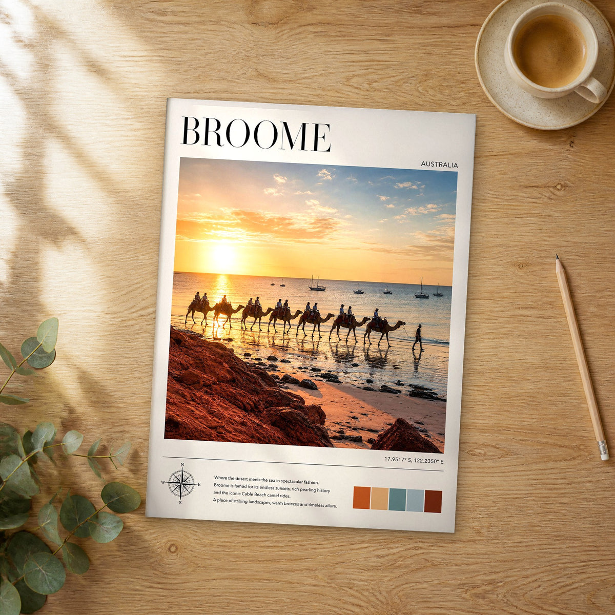 Unframed Broome modern photography travel poster on a wooden table