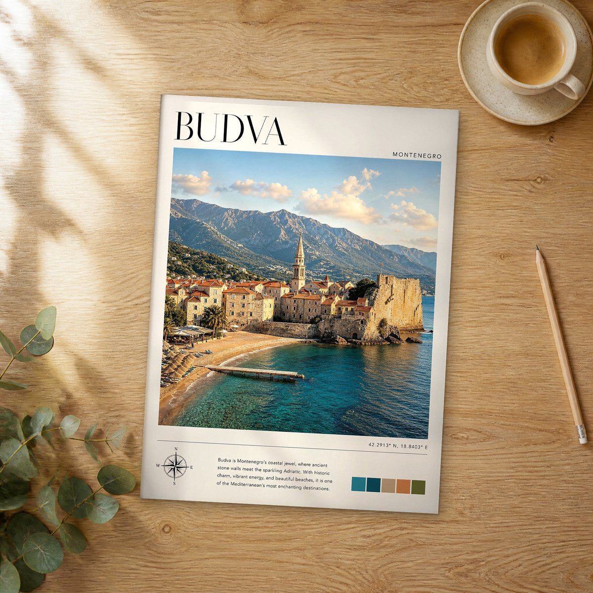 Unframed Budva modern photography travel poster on a wooden table