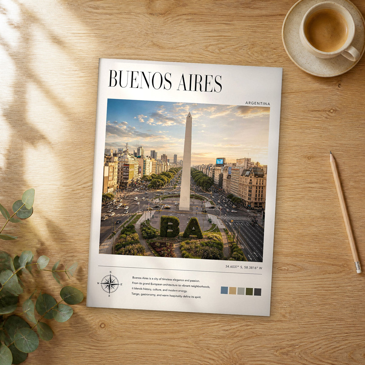 Unframed Buenos Aires modern photography travel poster on a wooden table