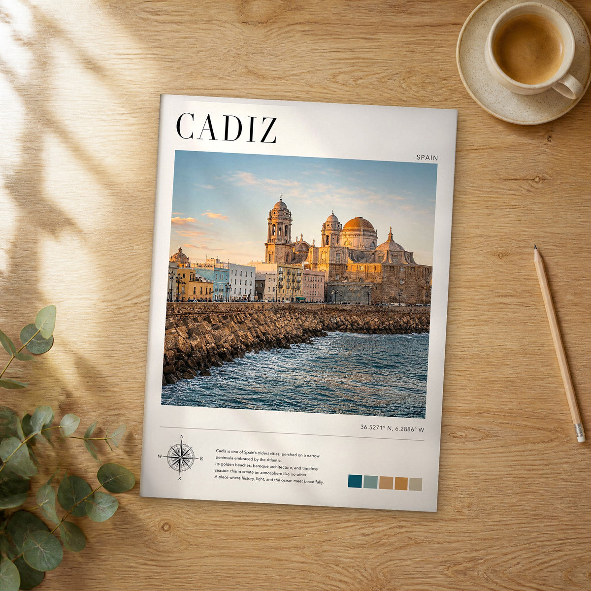 Unframed Cadiz modern photography travel poster on a wooden table