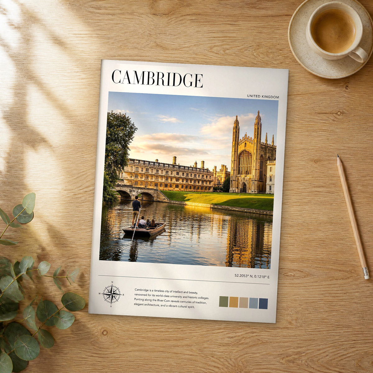 Unframed Cambridge modern photography travel poster on a wooden table