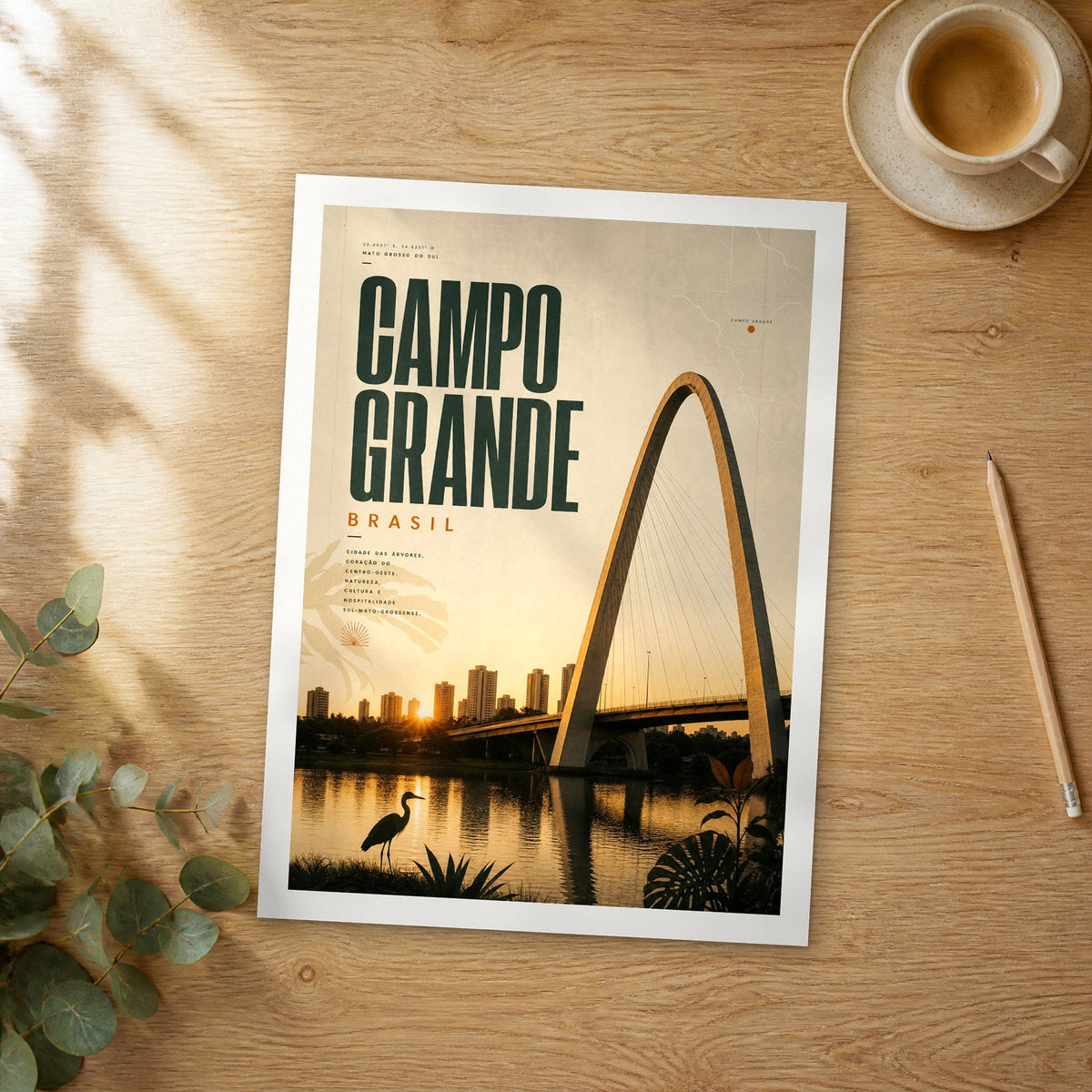 Unframed Campo Grande bold typography travel poster on a wooden table