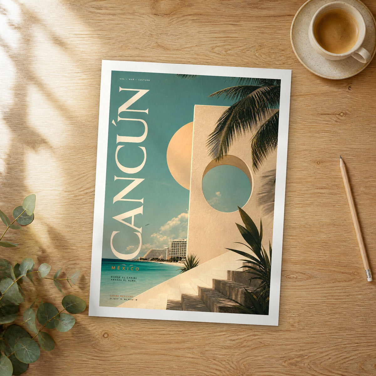 Unframed Cancun bold typography travel poster on a wooden table