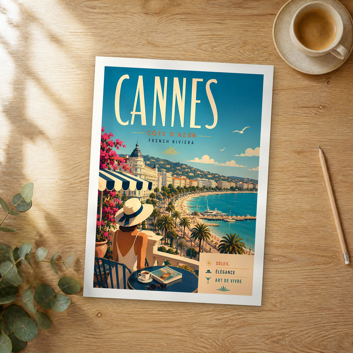 Unframed Cannes retro travel poster on a wooden table