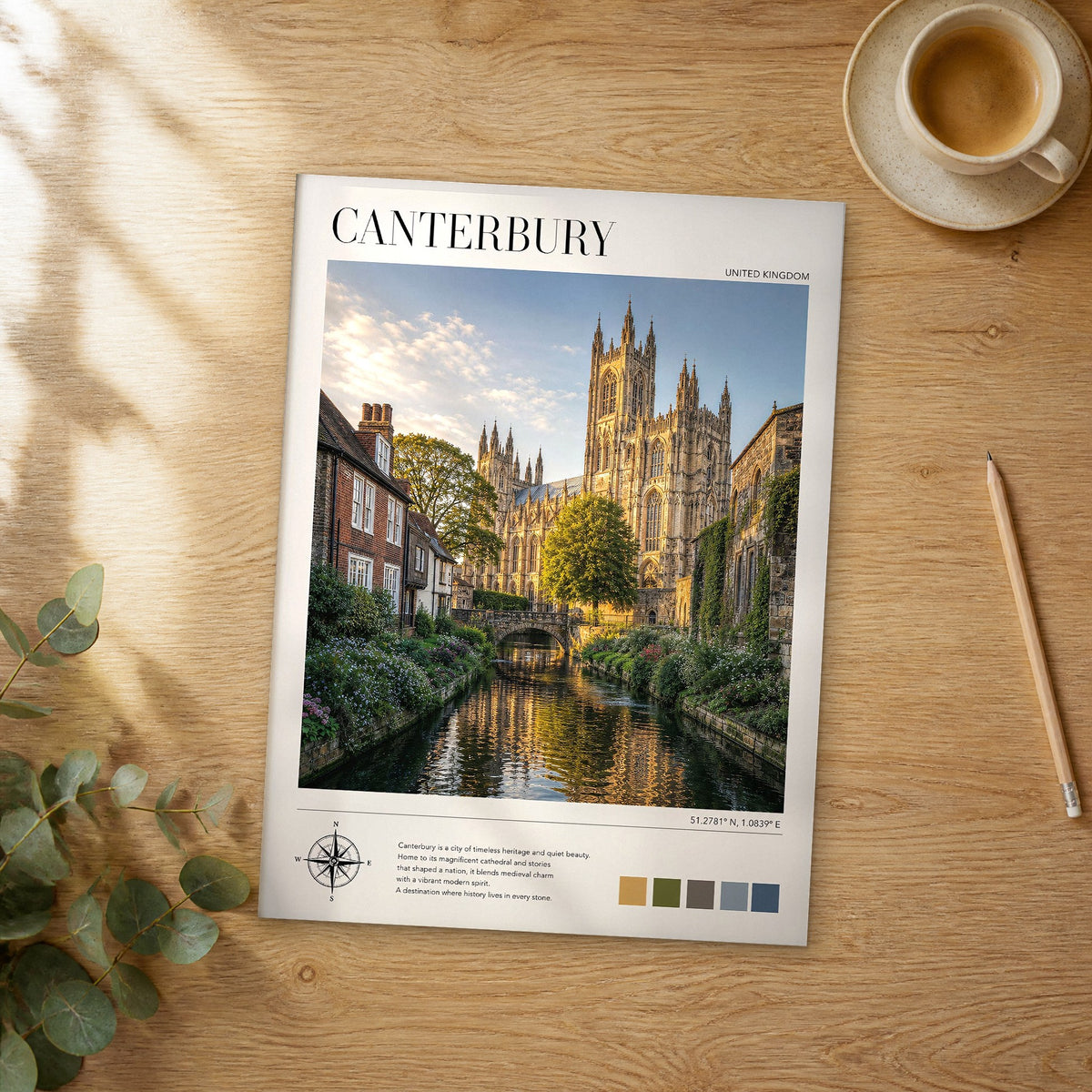 Unframed Canterbury modern photography travel poster on a wooden table
