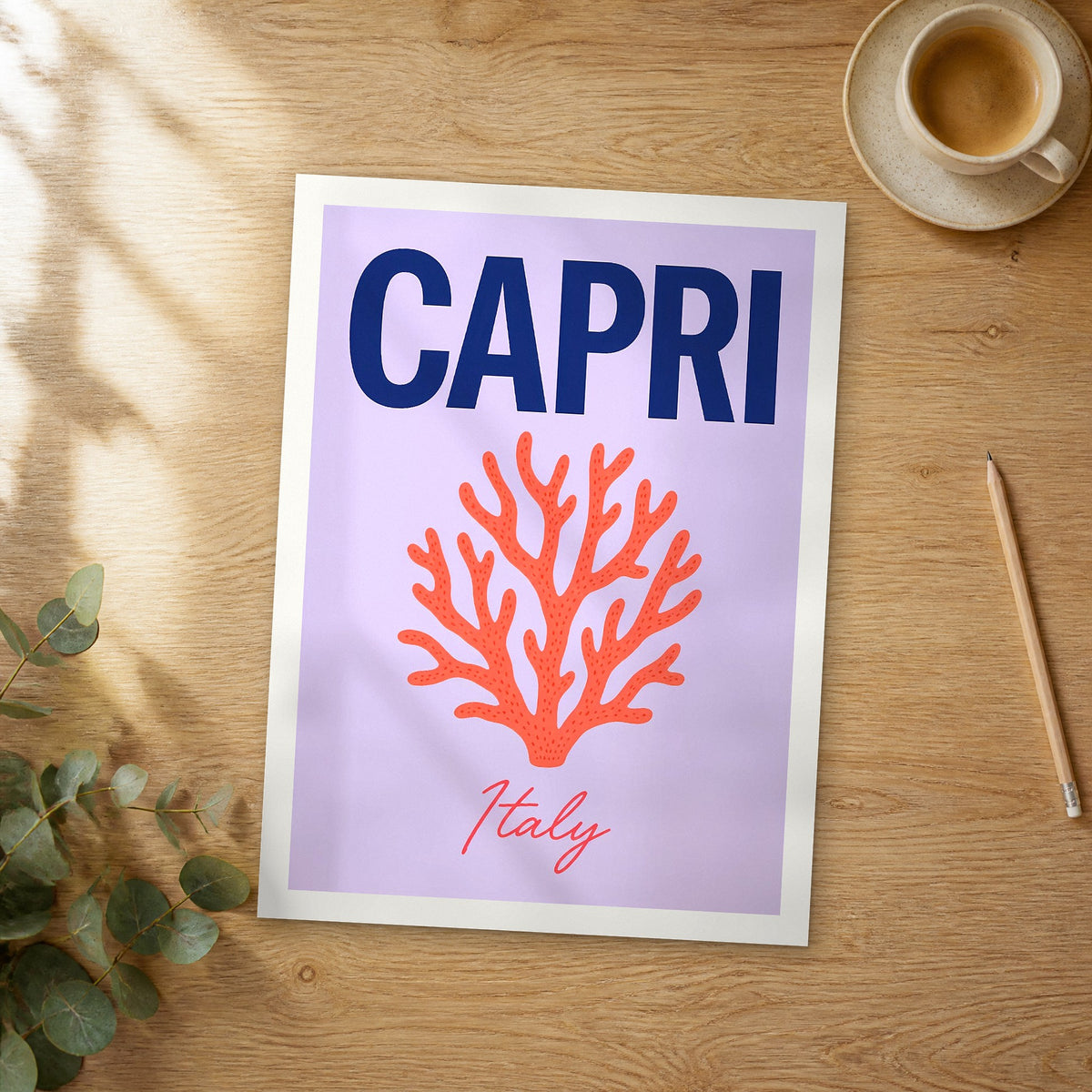 Unframed Capri pop art travel poster on a wooden table