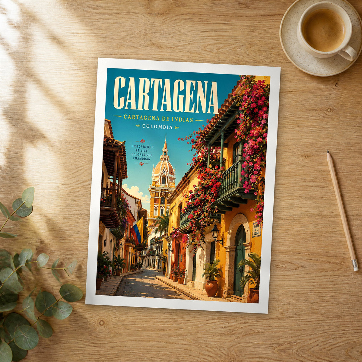 Unframed Cartagena retro travel poster on a wooden table