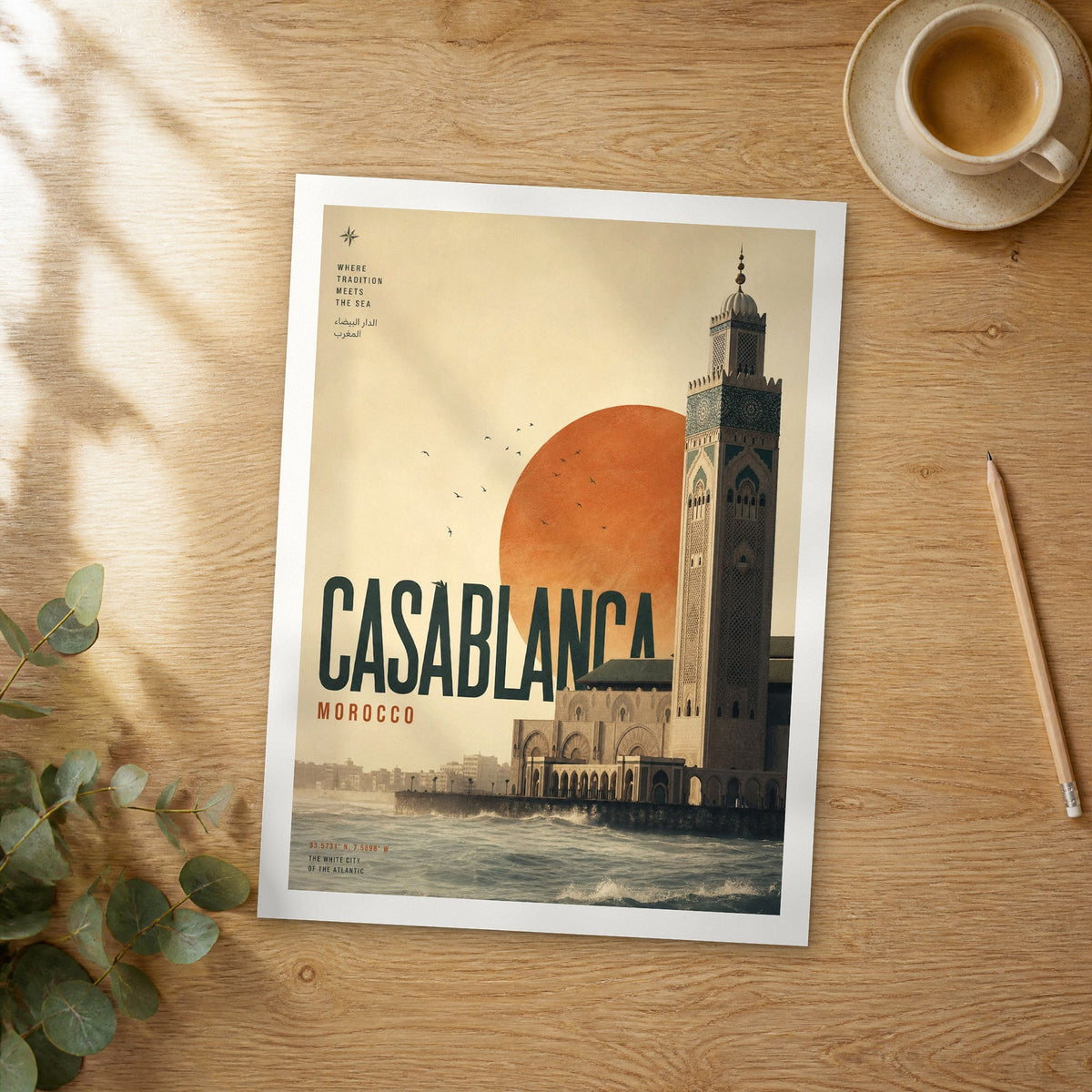 Unframed Casablanca bold typography travel poster on a wooden table