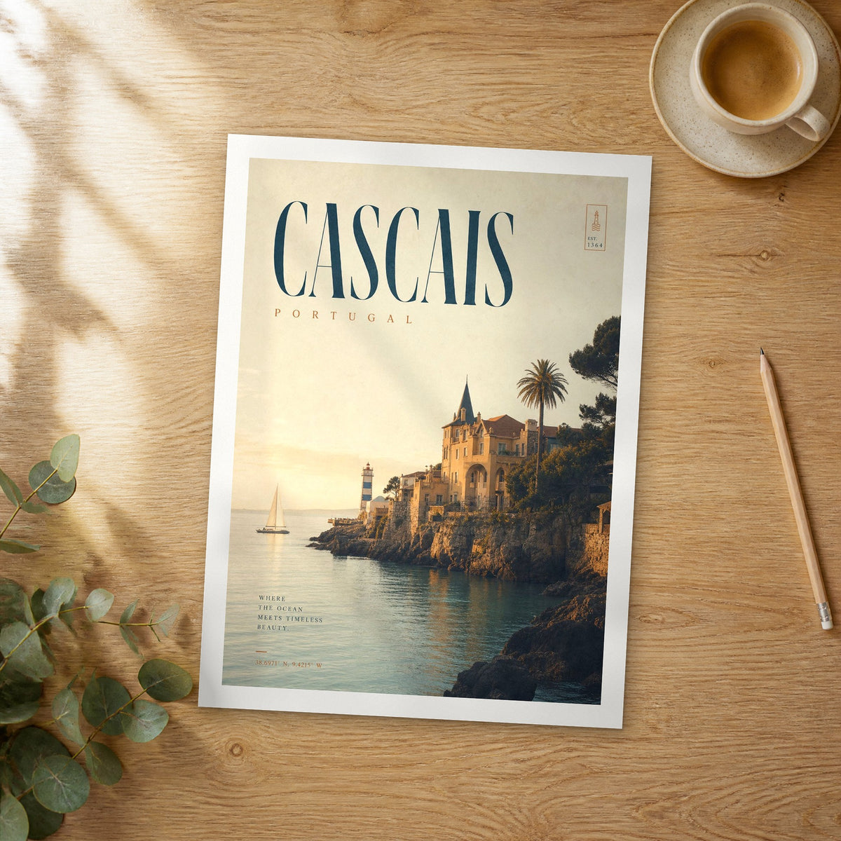 Unframed Cascais bold typography travel poster on a wooden table