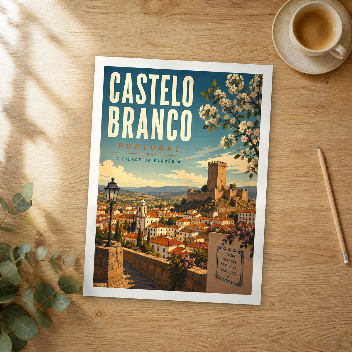 Unframed Castelo Branco retro travel poster on a wooden table