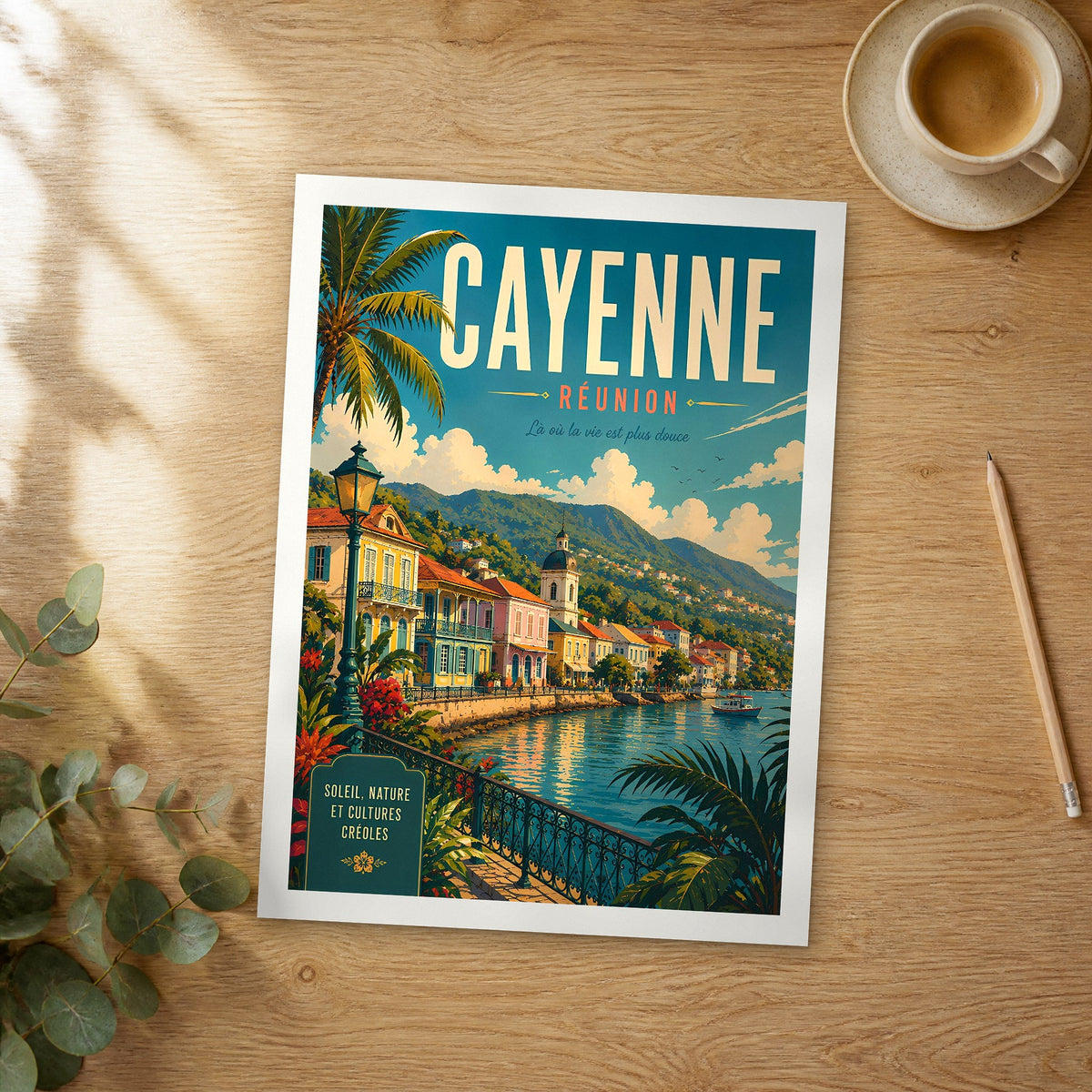 Unframed Cayenne retro travel poster on a wooden table