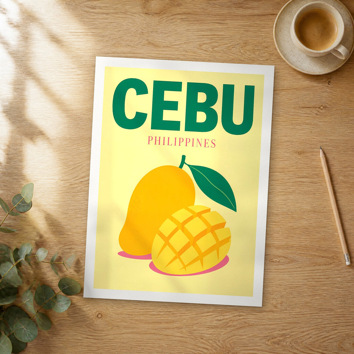 Unframed Cebu pop art travel poster on a wooden table
