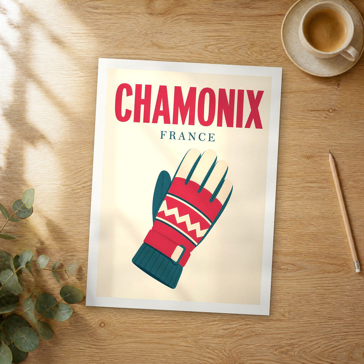 Unframed Chamonix pop art travel poster on a wooden table