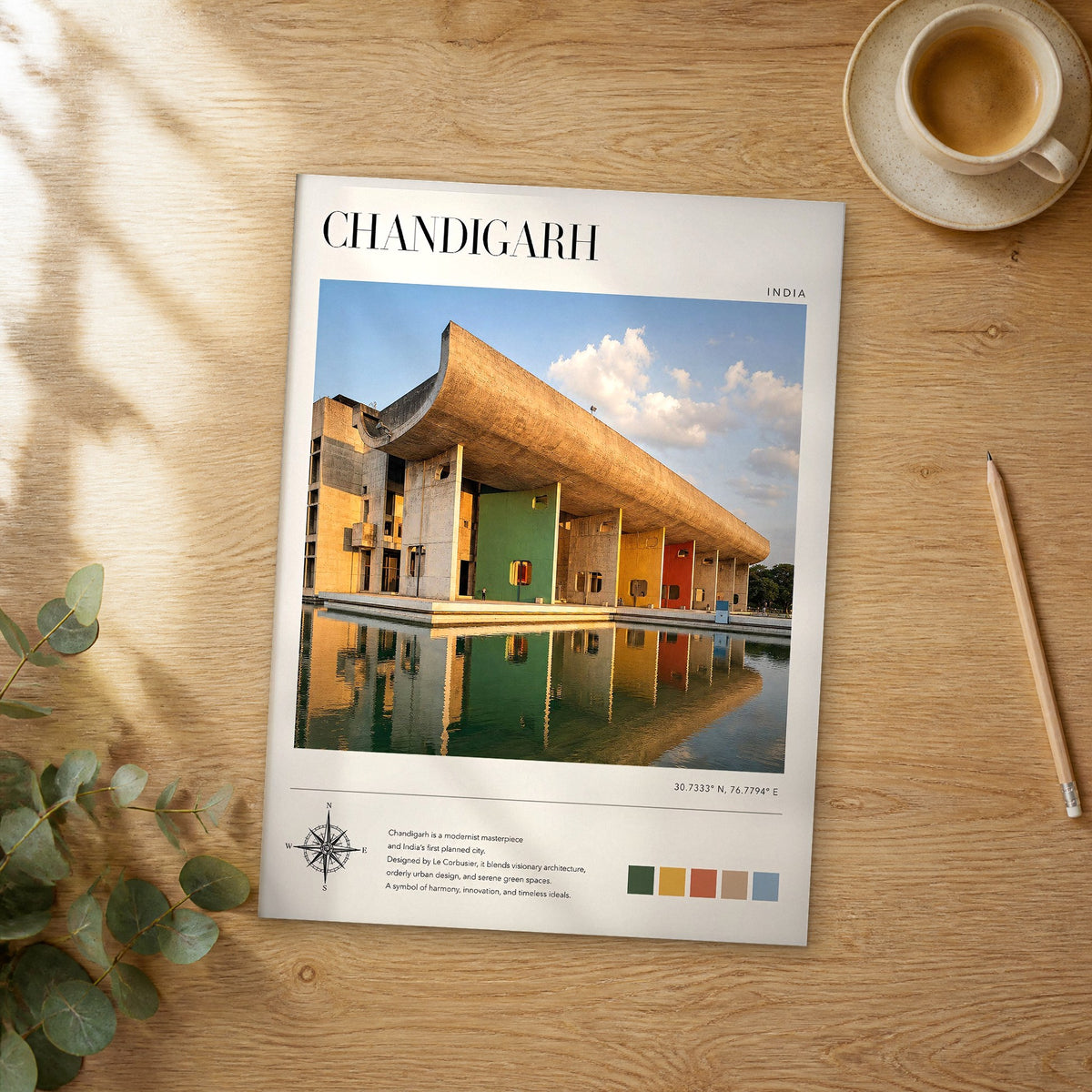 Unframed Chandigarh modern photography travel poster on a wooden table