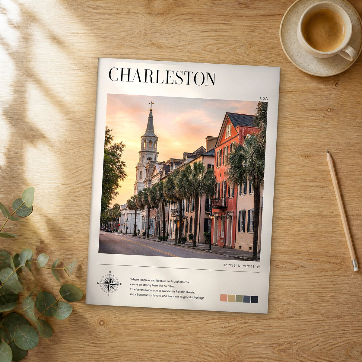 Unframed Charleston modern photography travel poster on a wooden table