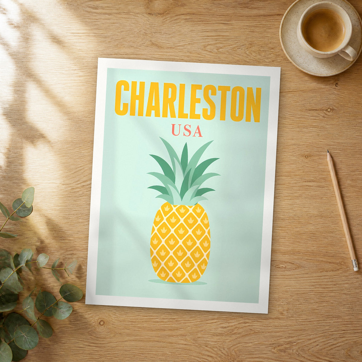 Unframed Charleston pop art travel poster on a wooden table