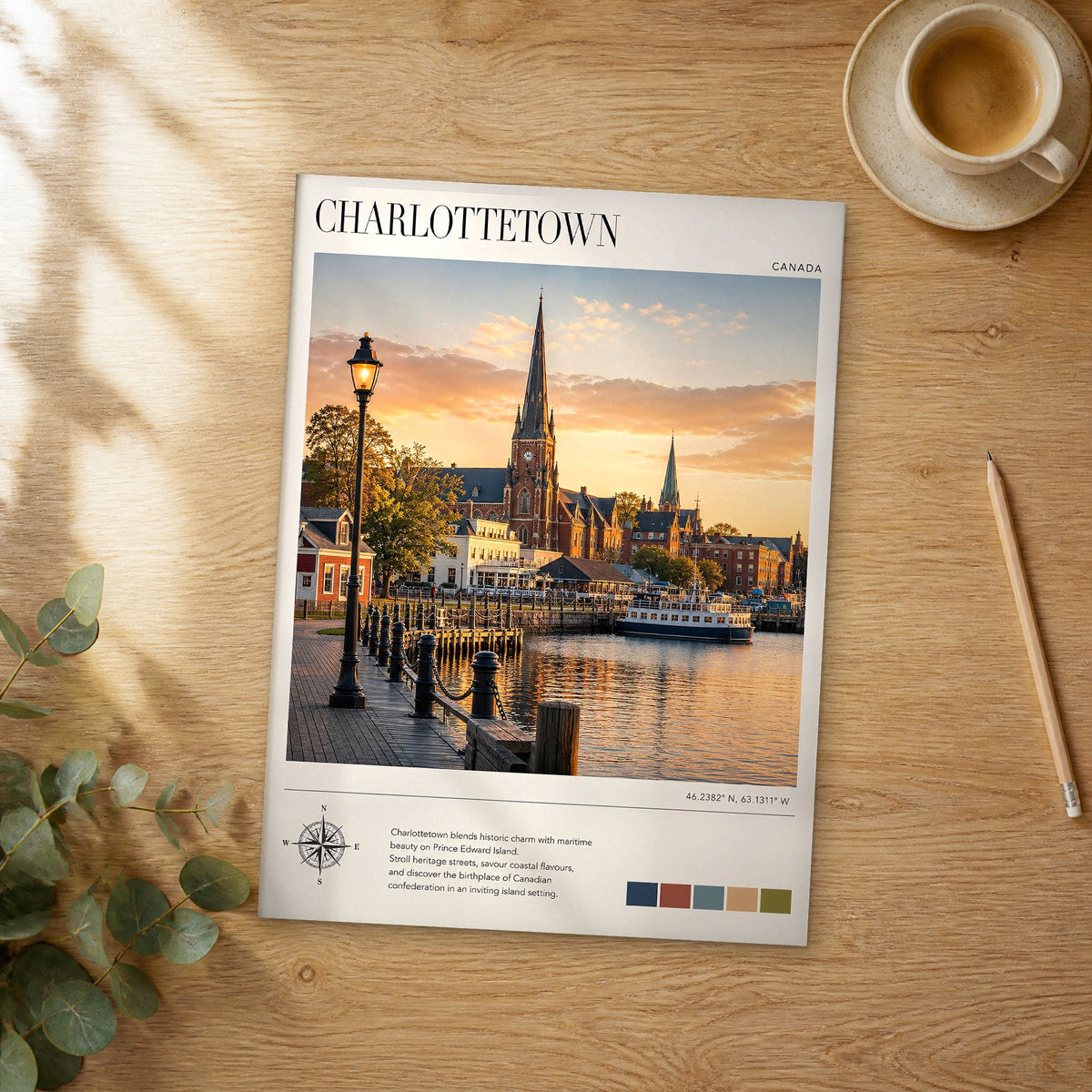 Unframed Charlottetown modern photography travel poster on a wooden table