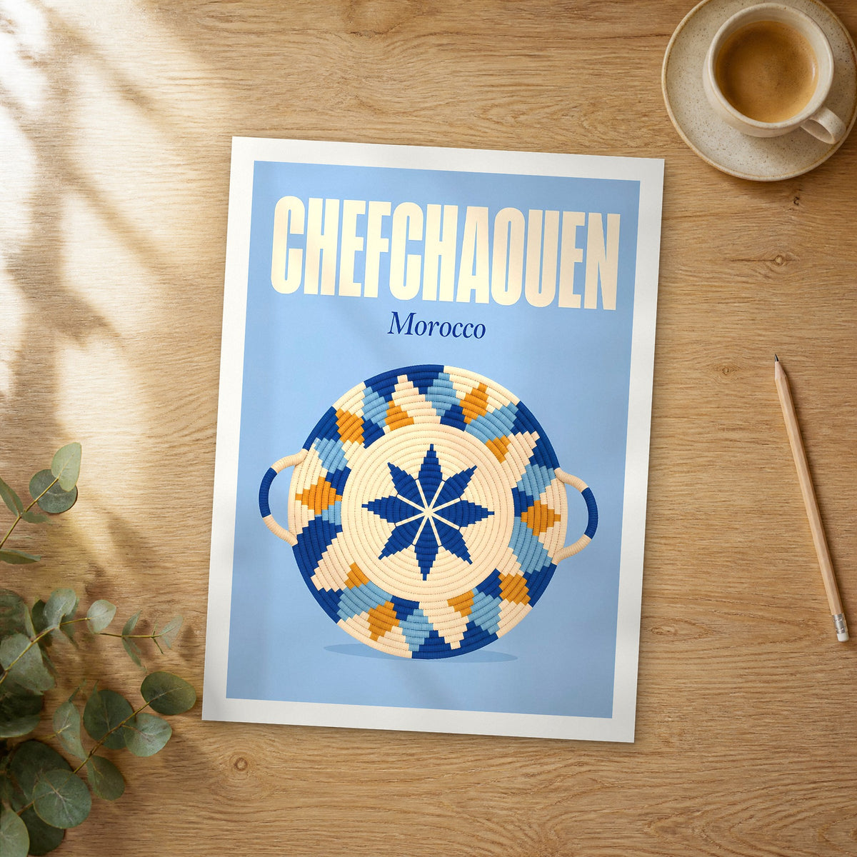 Unframed Chefchaouen pop art travel poster on a wooden table