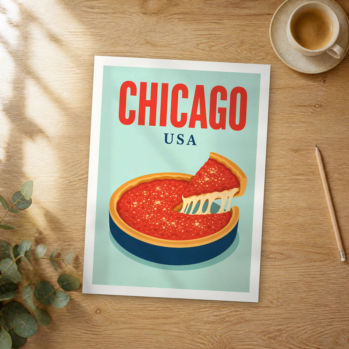 Unframed Chicago pop art travel poster on a wooden table