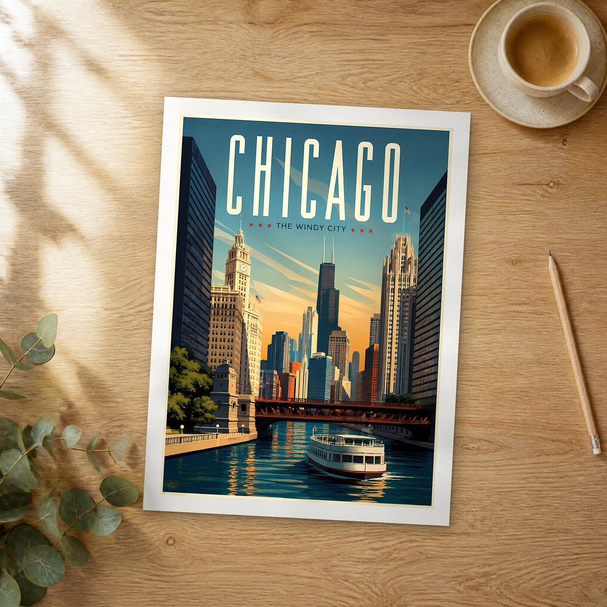 Unframed Chicago retro travel poster on a wooden table
