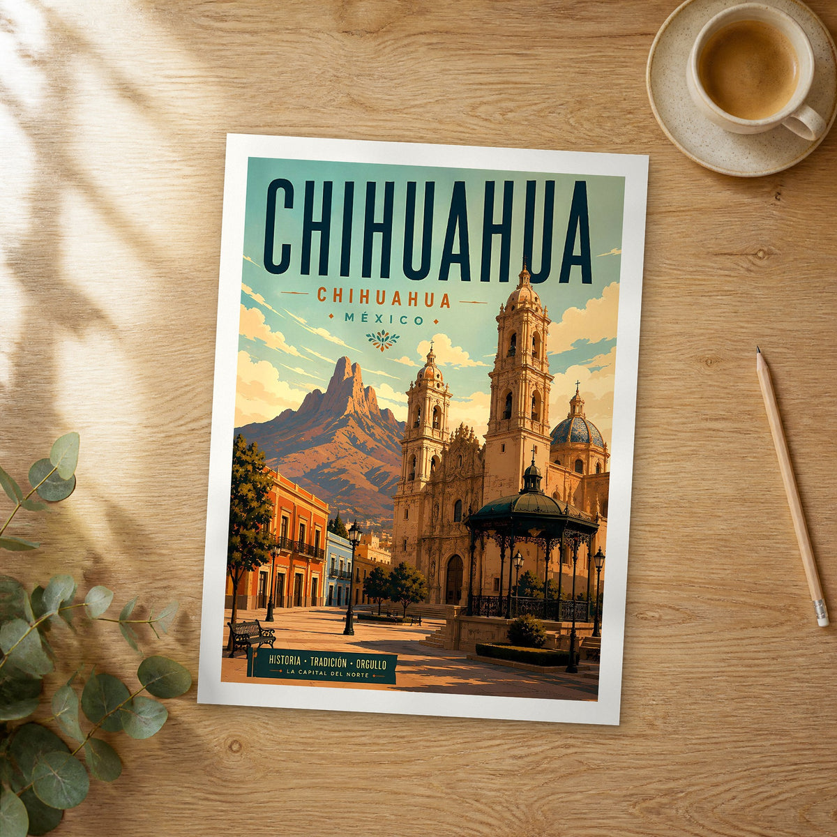 Unframed Chihuahua retro travel poster on a wooden table
