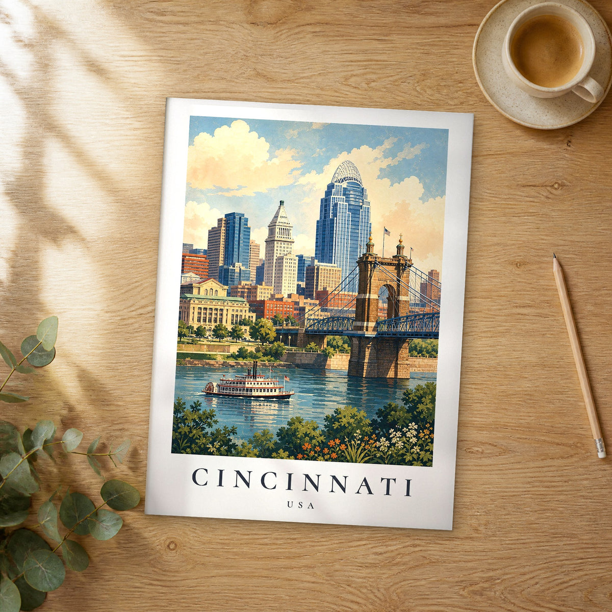Unframed Cincinnati vintage travel poster on a wooden table