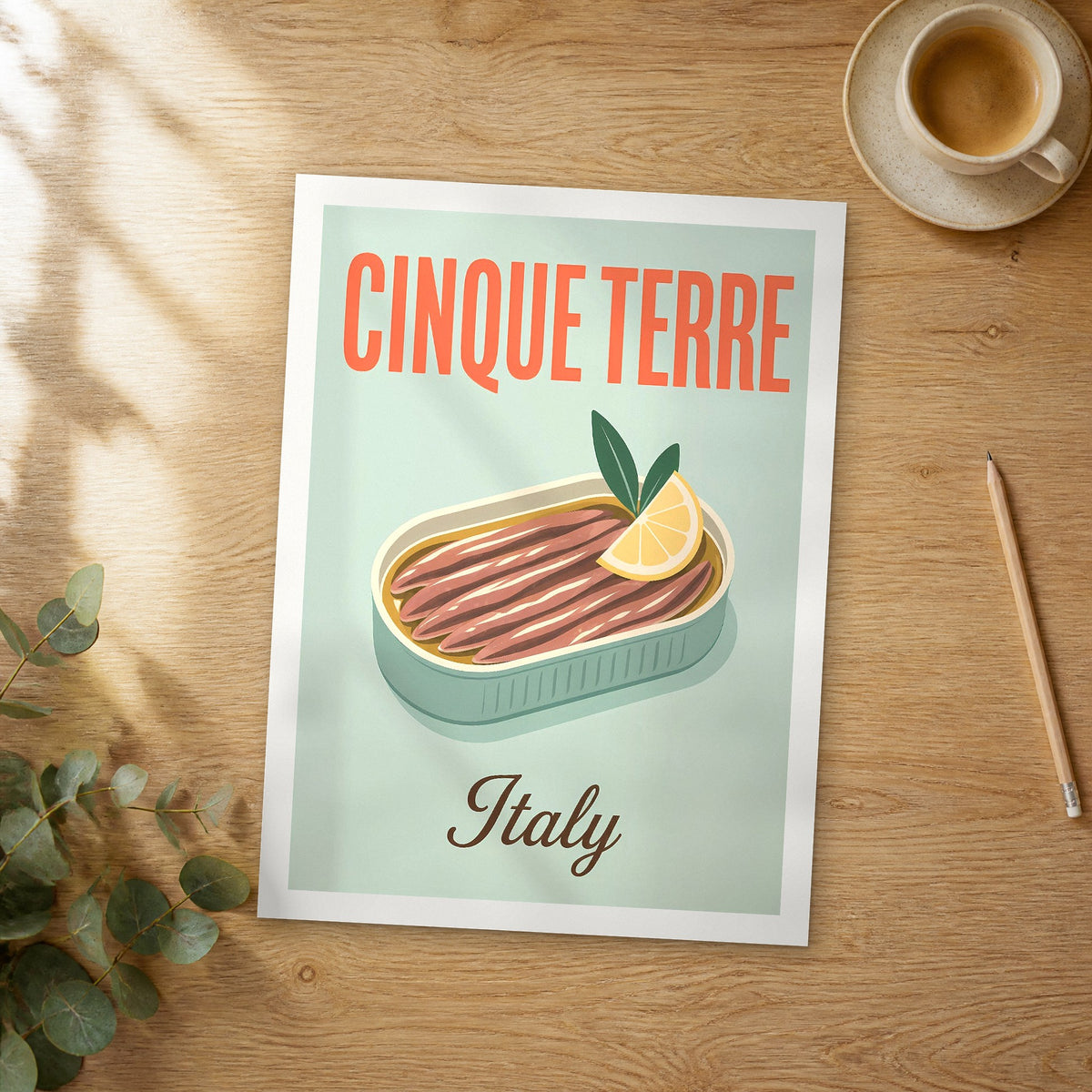 Unframed Cinque Terre pop art travel poster on a wooden table
