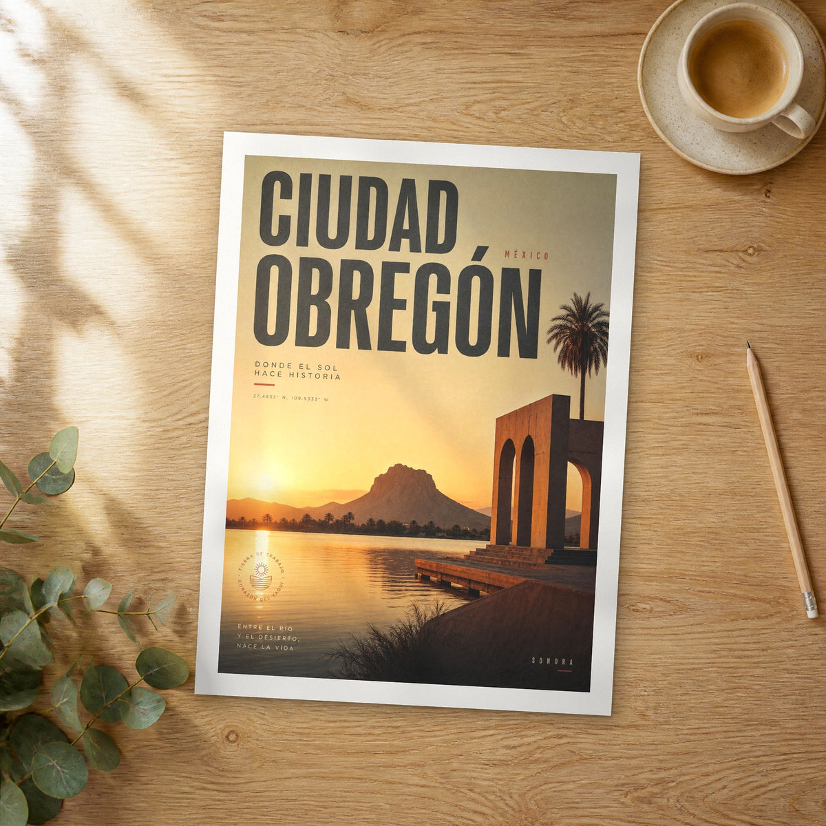 Unframed Ciudad Obregon bold typography travel poster on a wooden table