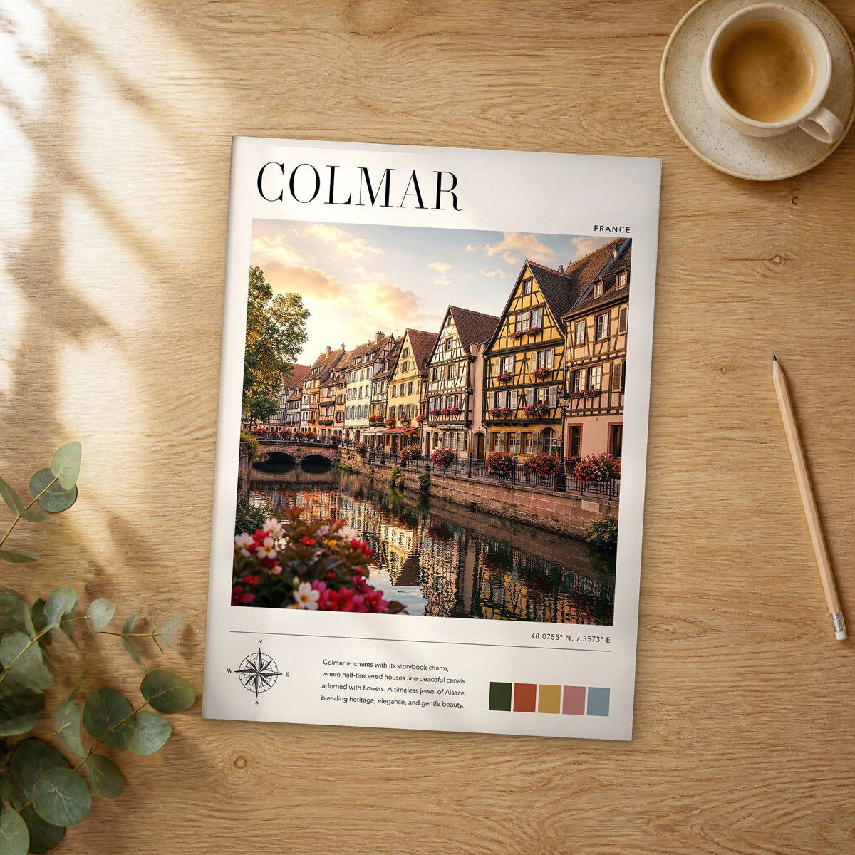 Unframed Colmar modern photography travel poster on a wooden table
