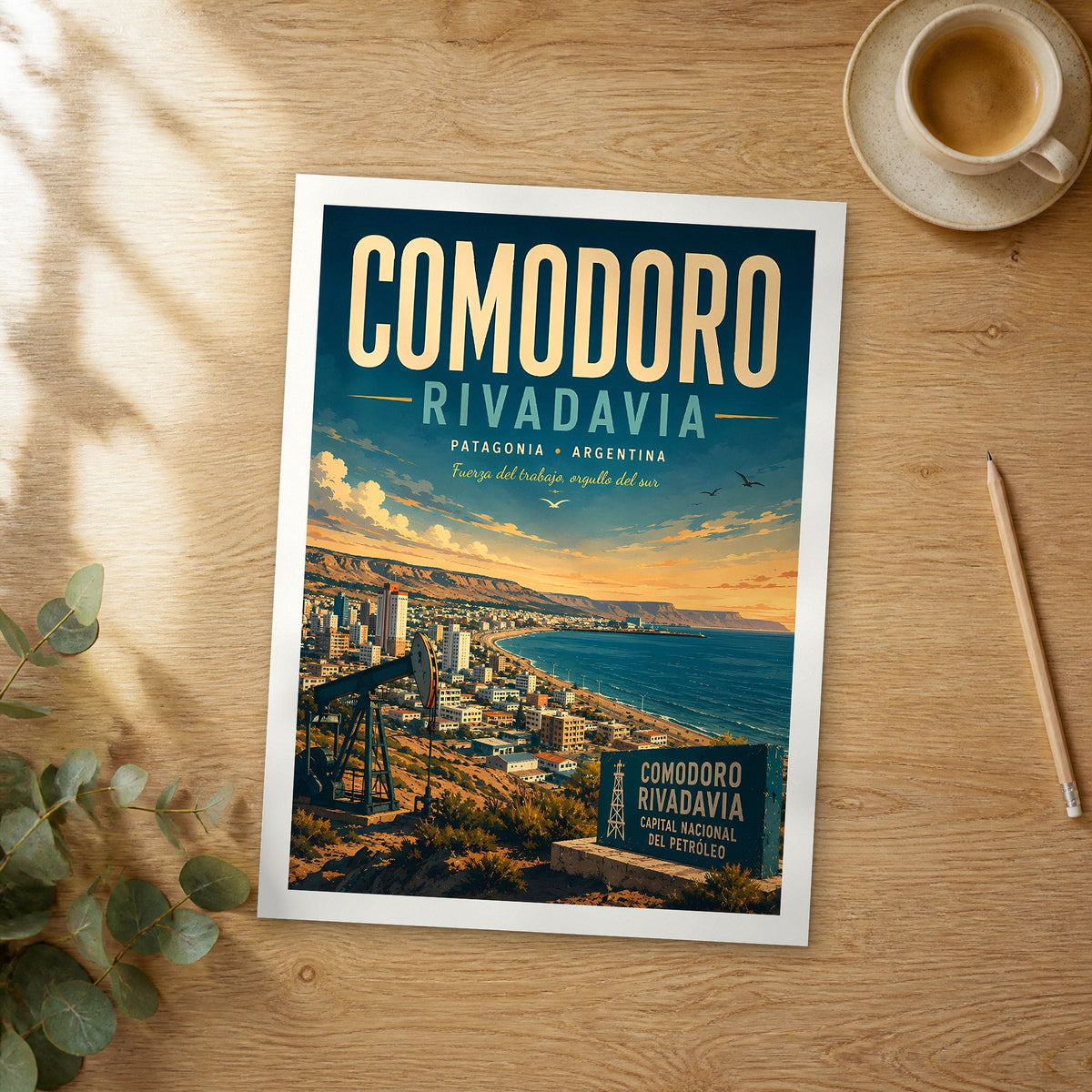 Unframed Comodoro Rivadavia retro travel poster on a wooden table