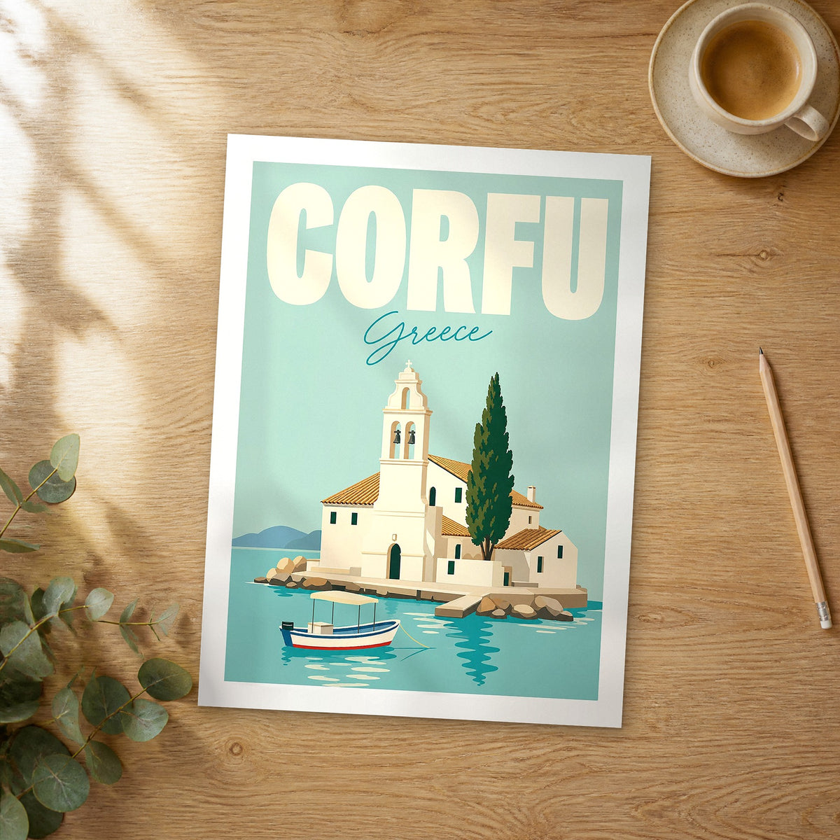 Unframed Corfu pastel pop art travel poster on a wooden table