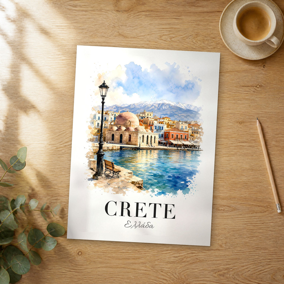Unframed Crete watercolor travel poster on a wooden table