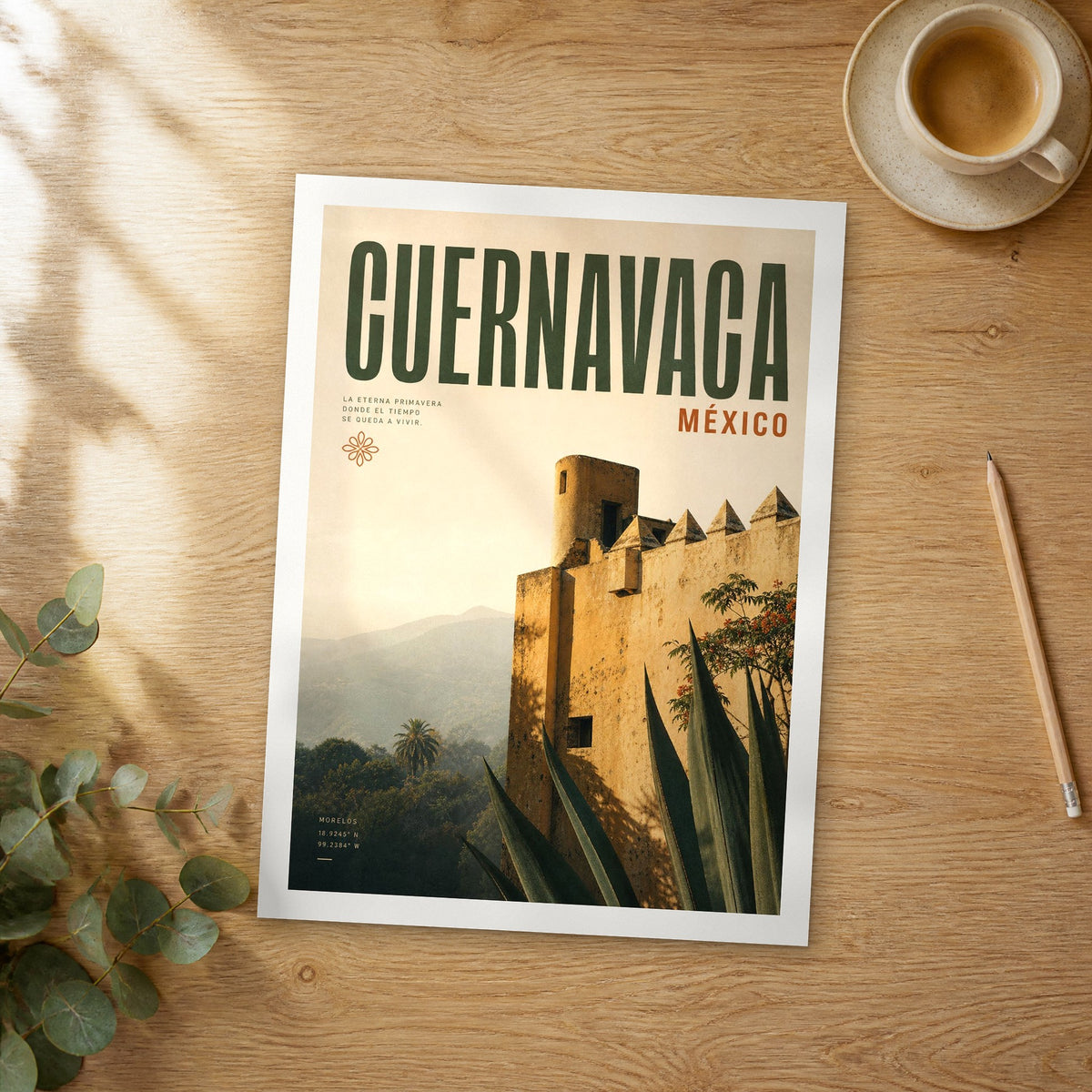 Unframed Cuernavaca bold typography travel poster on a wooden table