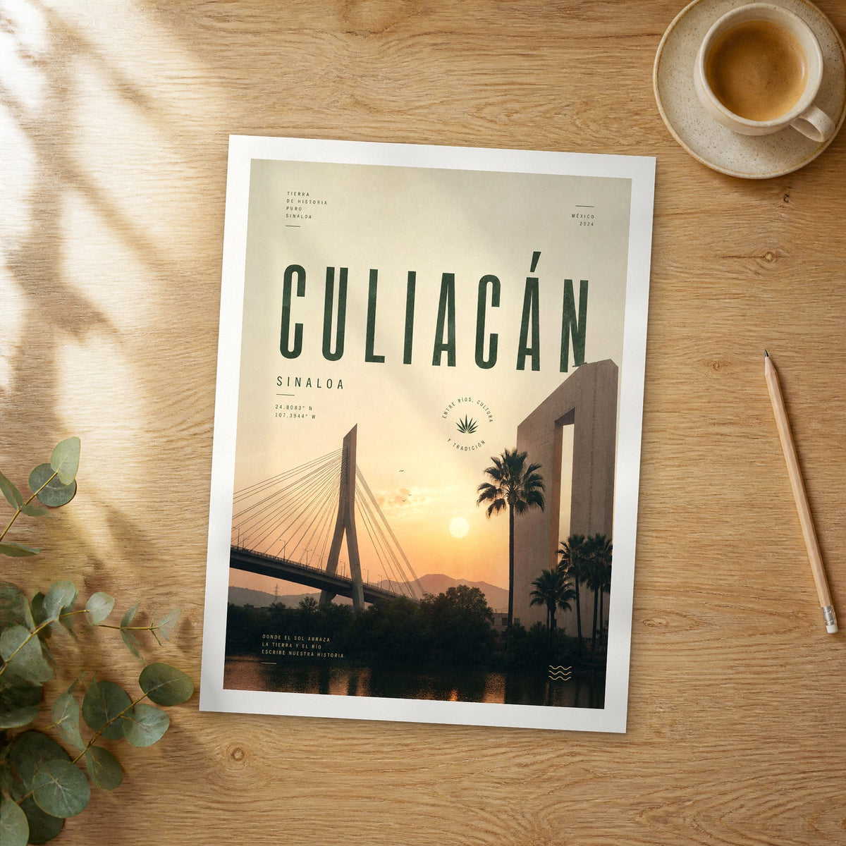 Unframed Culiacan bold typography travel poster on a wooden table