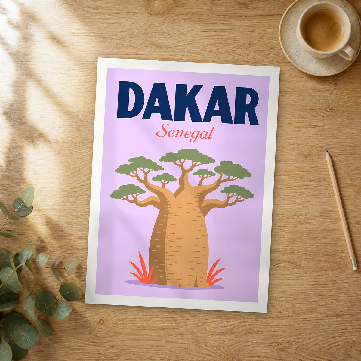 Unframed Dakar pop art travel poster on a wooden table