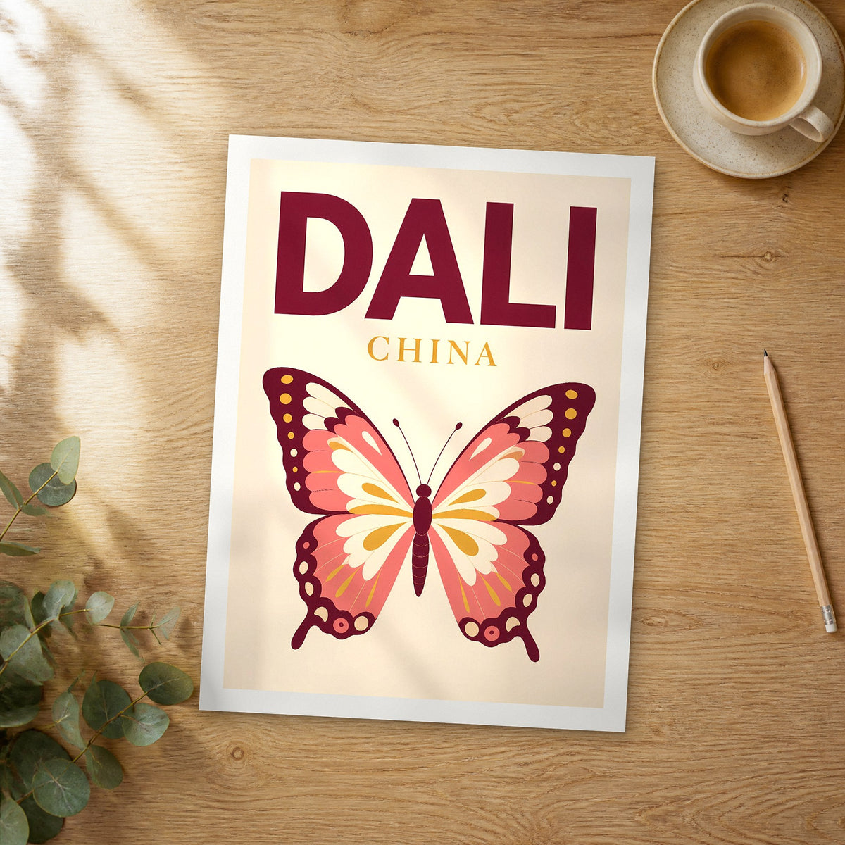 Unframed Dali pop art travel poster on a wooden table