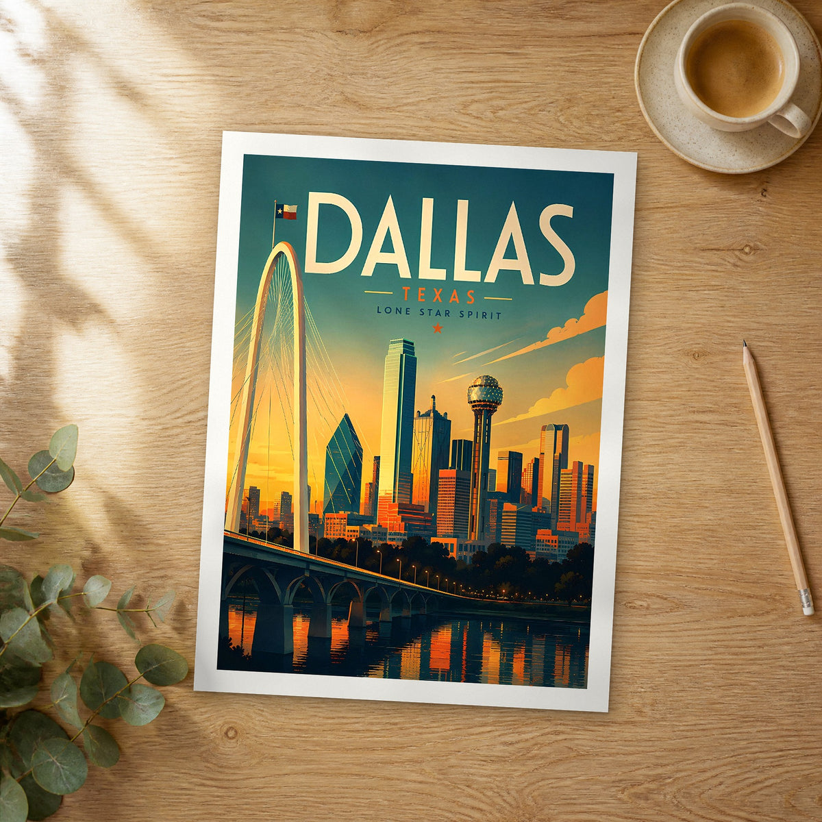 Unframed Dallas Margaret Hunt Hill Bridge retro travel poster on a wooden table