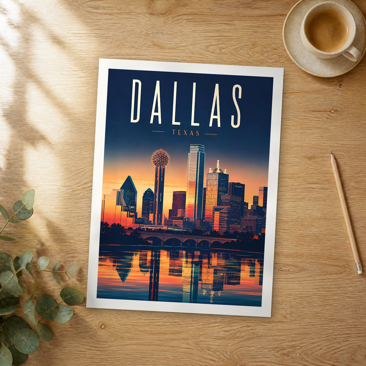 Unframed Dallas Skyline Reflection at Dusk retro travel poster on a wooden table