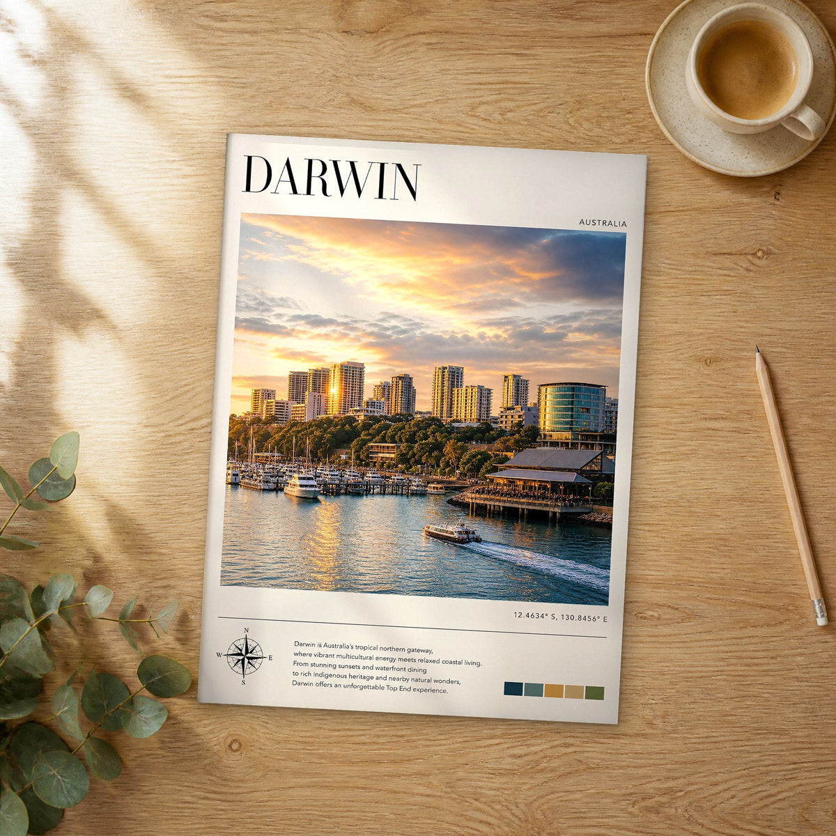 Unframed Darwin modern photography travel poster on a wooden table