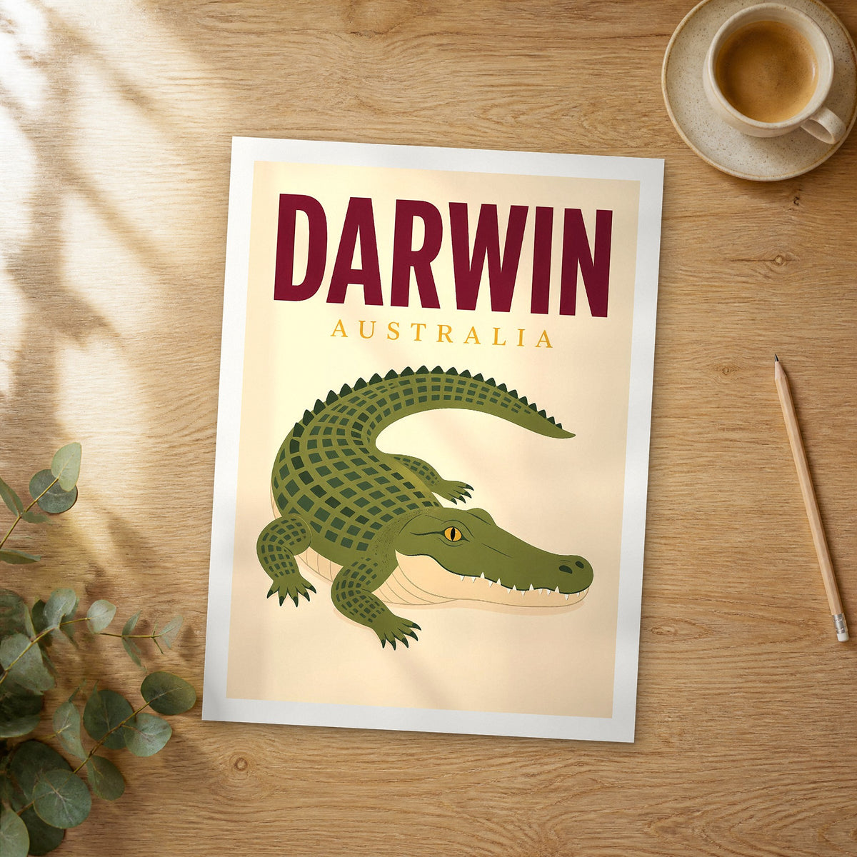 Unframed Darwin pop art travel poster on a wooden table