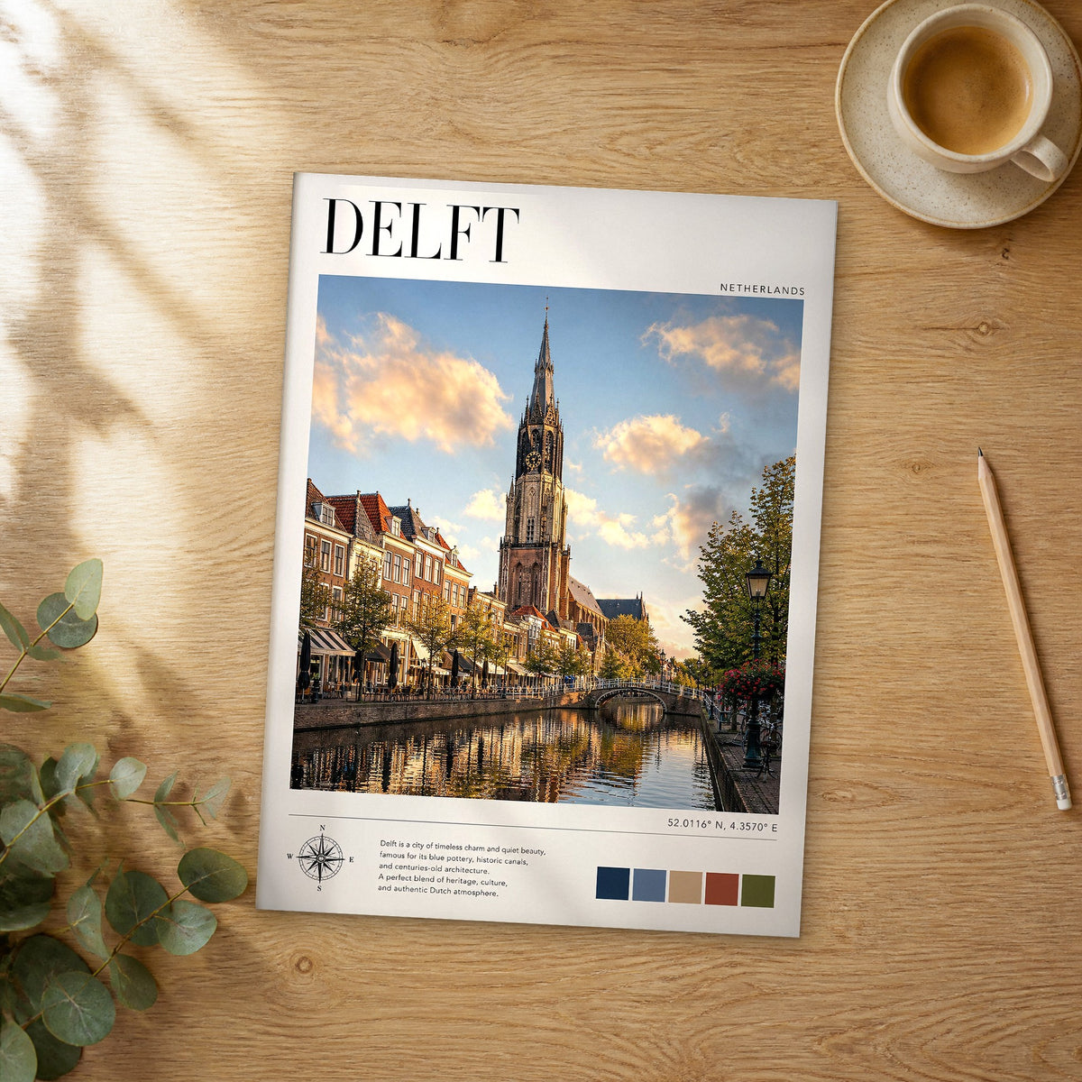 Unframed Delft modern photography travel poster on a wooden table