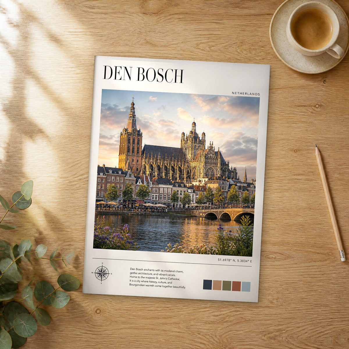 Unframed Den Bosch modern photography travel poster on a wooden table