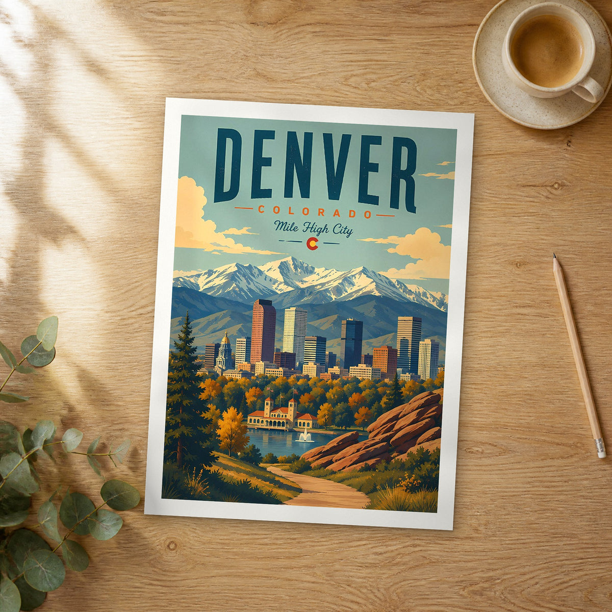 Unframed Denver retro travel poster on a wooden table