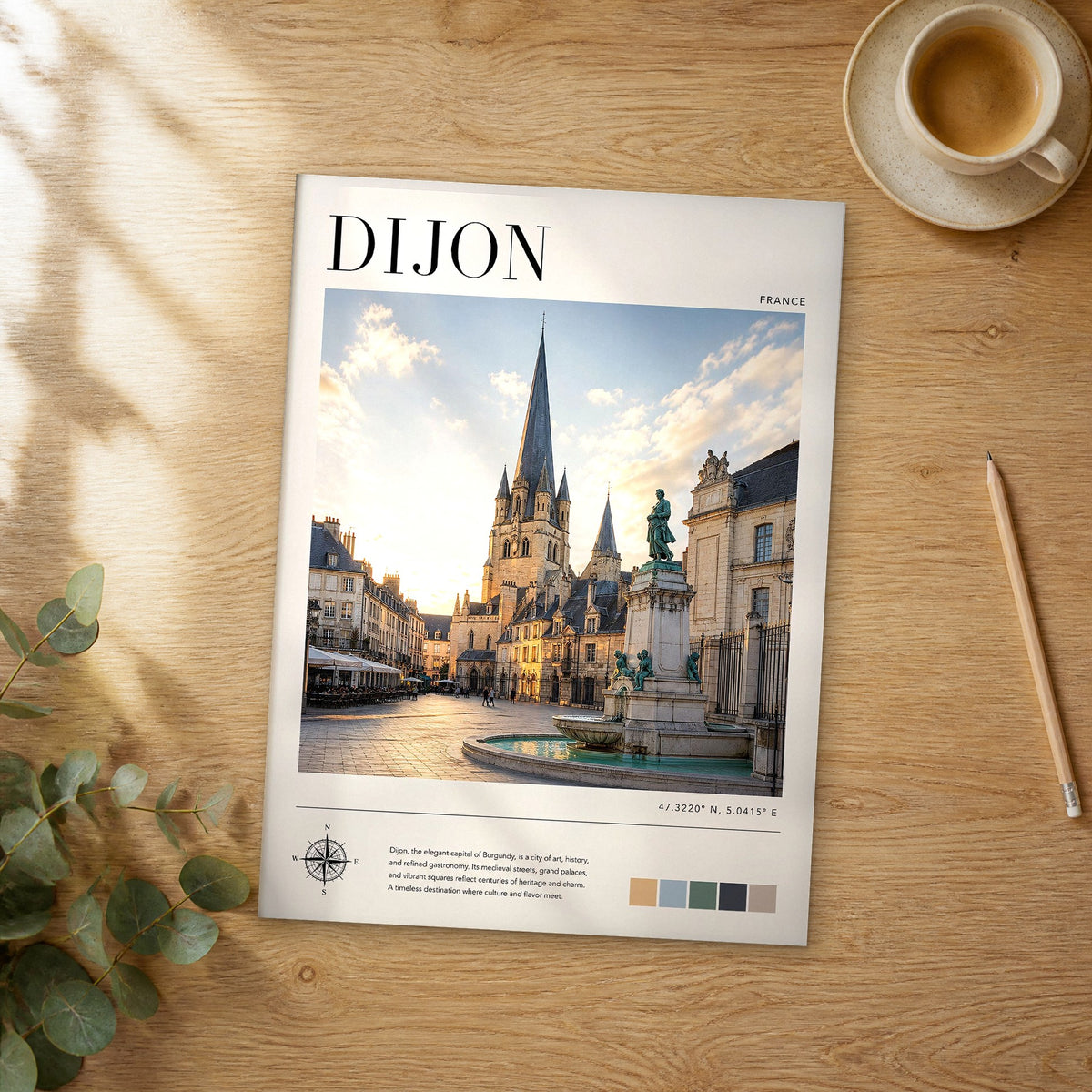 Unframed Dijon modern photography travel poster on a wooden table